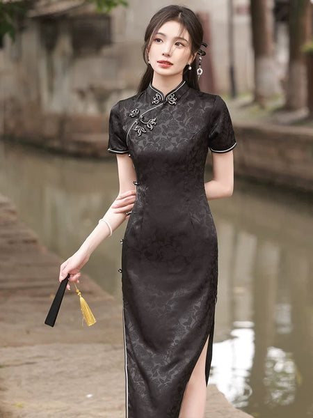 Traditional Chinese dress, Chinese Cheongsam Dress, Evening Dresses, Ball Gowns, black jacquard qipao, mandarin collar