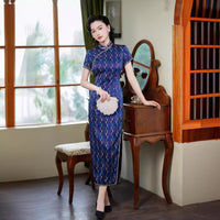 Mulberry Silk cheongsam, Blue color, Evening Dress, mandarin collar