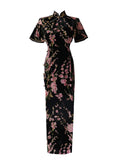 Traditional Chinese dress, Chinese Cheongsam Dress, black velvet qipao, Long Evening Dress, mandarin collar, pink flower pattern