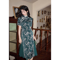 Aodai moderne, Cheongsam longueur genou, Ao Dai vert, motif floral, col mandarin