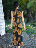 Modern Chinese Qipao, Cheongsam Dress, black floral prints