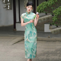 Modern Chinese Qipao, Chinese Cheongsam Dress, Ball Gowns, short sleeve, green floral