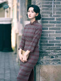 Modern Chinese Qipao, Evening Dresses, autumn qipao, plaid pattern qipao, 3/4 sleeve