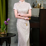 mulberry silk Cheongsam, off white jacquard Silk qipao