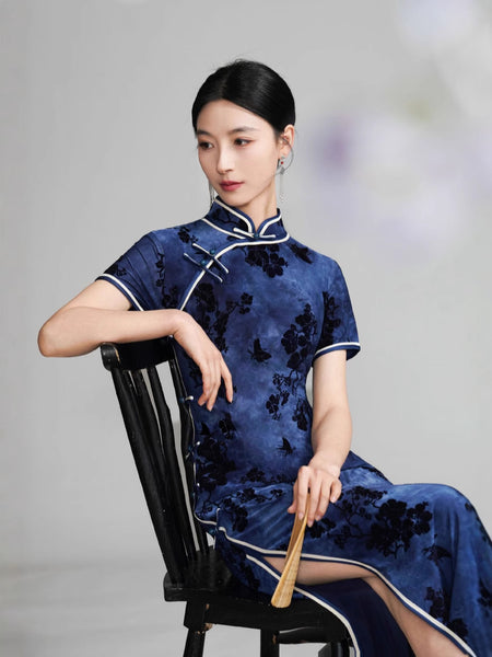 Modern Chinese qipao, Chinese Cheongsam, Long Evening Dresses, navy blue color L Modern Chinese qipao, Chinese Cheongsam, Long Evening Dresses, navy blue color L