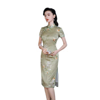Robe chinoise moderne, robe de soirée, qipao en soie, imprimé floral vert, robe de printemps