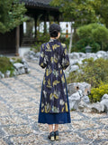 Modern Chinese dress, navy blue Ao Dai, flower pattern