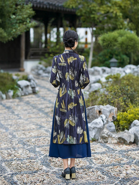 navy blue asian dress Navy Blue Striped Mid Cheongsam / Qipao Dress