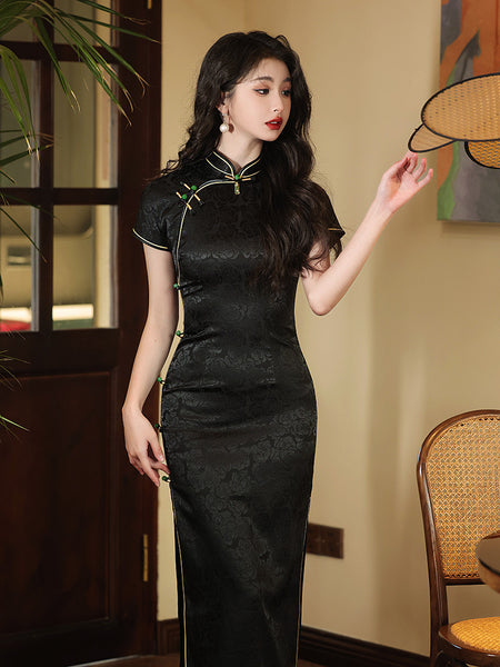 Qipao chinois moderne, robe Cheongsam chinoise, robes de soirée, robes de bal, qipao jacquard noir, col mandarin