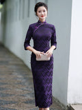 Chinese Cheongsam, Evening Dress, Ball Gown, black purple color, Mandarin collar, 3/4 Sleeve