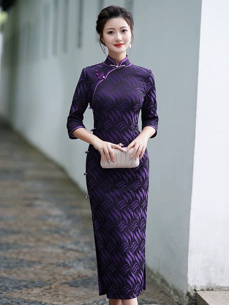 Modern Chinese Cheongsam, Evening Dress, Ball Gown, dark purple color, Mandarin collar, 3/4 Sleeve M Modern Chinese Cheongsam, Evening Dress, Ball Gown, dark purple color, Mandarin collar, 3/4 Sleeve M