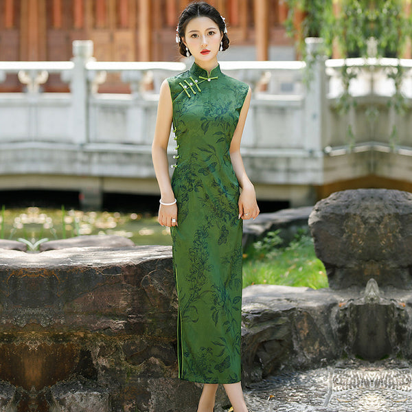 Modern Chinese Qipao dress, sleeveless qipao, Evening Dress, green qipao