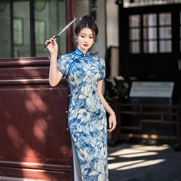 Modern Chinese qipao, Chinese Cheongsam Dress, Evening Dresses, blue floral dress