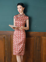 Mulberry Silk cheongsam, red cherry pattern, kneelength dress, casual qipao, summer qipao