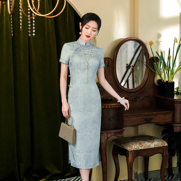 Qipao chinois moderne, Long Cheongsam, Qipao en soie, robe de soirée, robe de bal, qipao jacquard bleu clair