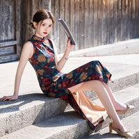 Modern Chinese Qipao dress,  sleeveless qipao, Evening Dress, floral pattern