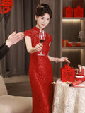 Robe de mariée chinoise, robe traditionnelle chinoise, Cheongsam brodé, robe de mariée, robe queue de sirène, col mandarin