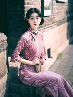 Modern Chinese Qipao, Evening Dresses, autumn qipao, pink velvet Dresses, 3/4 sleeve