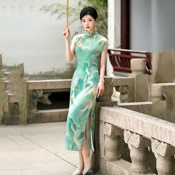 short cheongsam dress Women Ethnic Retro Chinese Style Satin Fabric Qipao Gown and cultural events Modern Chinese Qipao Dress with