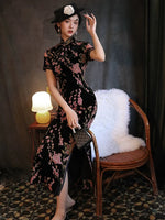 Traditional Chinese dress, Chinese Cheongsam Dress, black velvet qipao, Long Evening Dress, mandarin collar, pink flower pattern