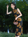 Modern Chinese Qipao, Cheongsam Dress, black floral prints