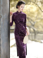 Elegant traditional Chinese dress, Chinese Cheongsam Dress, Evening Dresses, Ball Gowns, purple color Dresses, mandarin collar, 3/4 sleeve