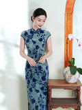 Modern Chinese qipao, Chinese Cheongsam, Blue floral qipao, Ball Gowns, mandarin collar