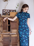 Modern Chinese qipao, Long Cheongsam, blue floral Qipao, Evening Dress