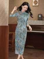 Modern Chinese Qipao dress,  light blue floral dress, Evening Dress, Full length, mandarin collar, 3/4 sleeve