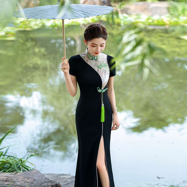 Modern Chinese Qipao, Embroidered Cheongsam, Mermaid Tail Dress, Mandarin Collar, Front Slit 3X Modern Chinese Qipao, Embroidered Cheongsam, Mermaid Tail Dress, Mandarin Collar, Front Slit 3X