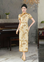 Robe traditionnelle chinoise, China Cheongsam, ramie qipao, Qipao d'été de couleur claire, imprimés fleuris, manches courtes, col mandarin