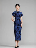 Modern Chinese qipao, Chinese Cheongsam, Long Evening Dresses, navy blue color