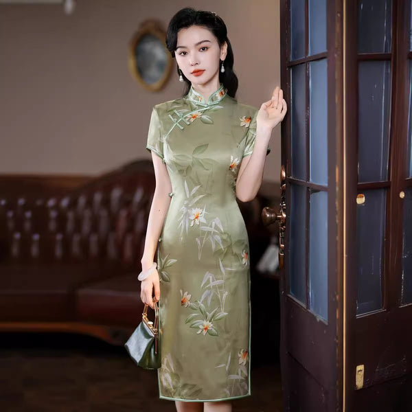 Modern Chinese dress, Evening Dress, Silk qipao,  green floral print, Spring dress