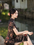 Traditional Chinese dress, China Cheongsam, black floral qipao, short sleeve, kneelength qipao