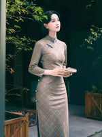 Modern Chinese Qipao, Evening Dresses, autumn qipao, plaid pattern qipao, 3/4 sleeve