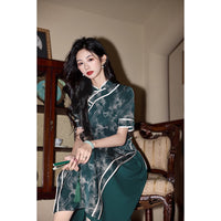 Aodai moderne, Cheongsam longueur genou, Ao Dai vert, motif floral, col mandarin