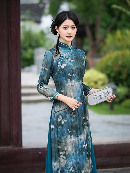 Modern Aodai, blue aodai qipao, flower pattern