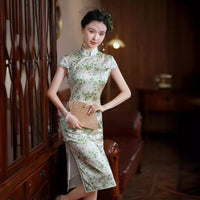 Robe chinoise moderne, Robe de soirée, Qipao en soie, Imprimé floral, Robe de printemps, col mandarin