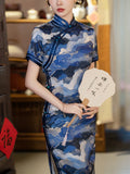 robe traditionnelle chinoise, Cheongsam chinois brodé, robes de soirée, robes de bal, bleu marine, col mandarin