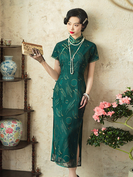 Qipao chinois moderne, qipao bleu foncé, motif floral, robe de soirée, robes de bal, col mandarin