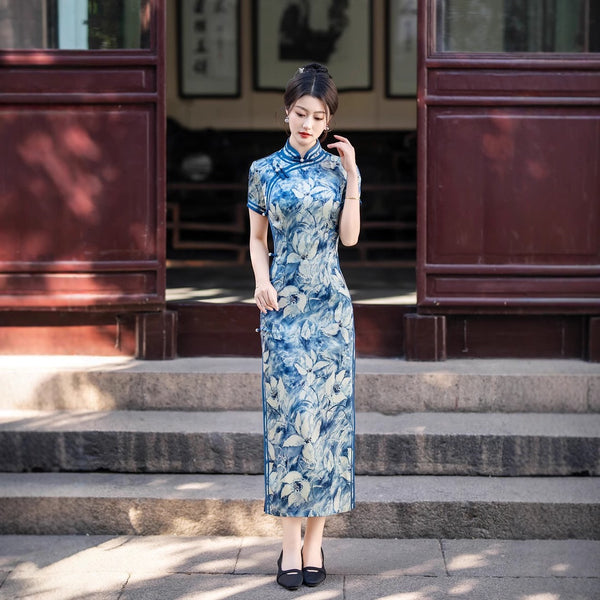 modern chinese style dress Modern Chinese qipao, Chinese Cheongsam Dress, Evening Dresses, blue floral dress 2X