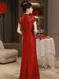 Chinese wedding dress, traditional Chinese dress, bridal lace qipao, mermaid tail dress