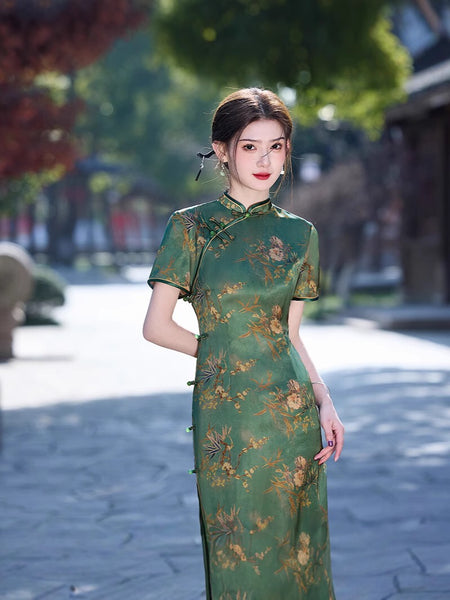 Modern Chinese qipao, Chinese Cheongsam, Evening Dress, Ball Gowns, green floral qipao