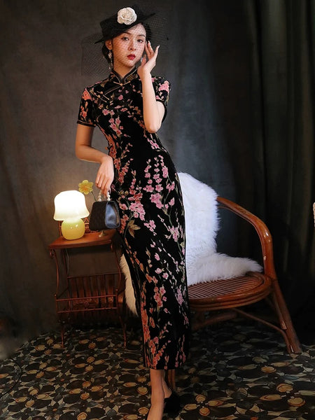 Modern Chinese Qipao, Chinese Cheongsam Dress, black velvet qipao, Long Evening Dress, mandarin collar, pink flower pattern