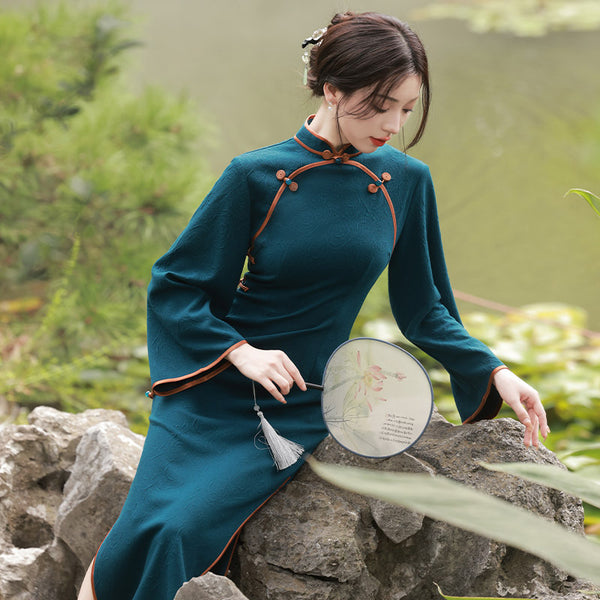Modern Chinese Qipao, Chinese Cheongsam, Blue qipao, evening Dress, Ball Gown,3/4 sleeve, mandarin collar