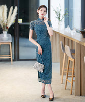 Traditional Chinese dress, Chinese Cheongsam, modern qipao, Ball Gowns, Long Evening Dress, blue floral qipao, mandarin collar