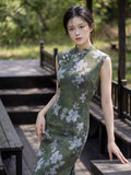 Modern Chinese Qipao, Chinese Cheongsam Dress, Ball Gowns, sleeveless, green color
