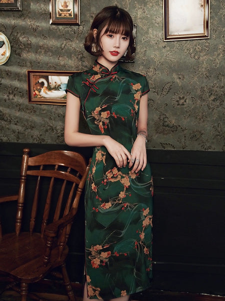 Robe Qipao chinoise moderne, qipao vert foncé, col mandarin