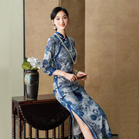 Modern Chinese qipao, Chinese Cheongsam, blue floral qipao, Ball Gowns