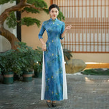 Robe chinoise moderne, Bleu Ao Dai, motif fleurs, col mao, manche 3/4